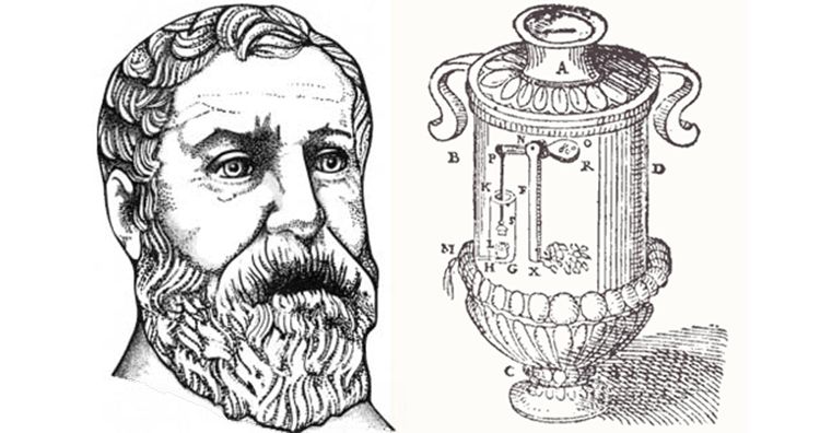 Wizerunek Herona z Aleksandrii obok szkicu swojego wynalazku - pierwszego w dziejach automatu vendingowego 