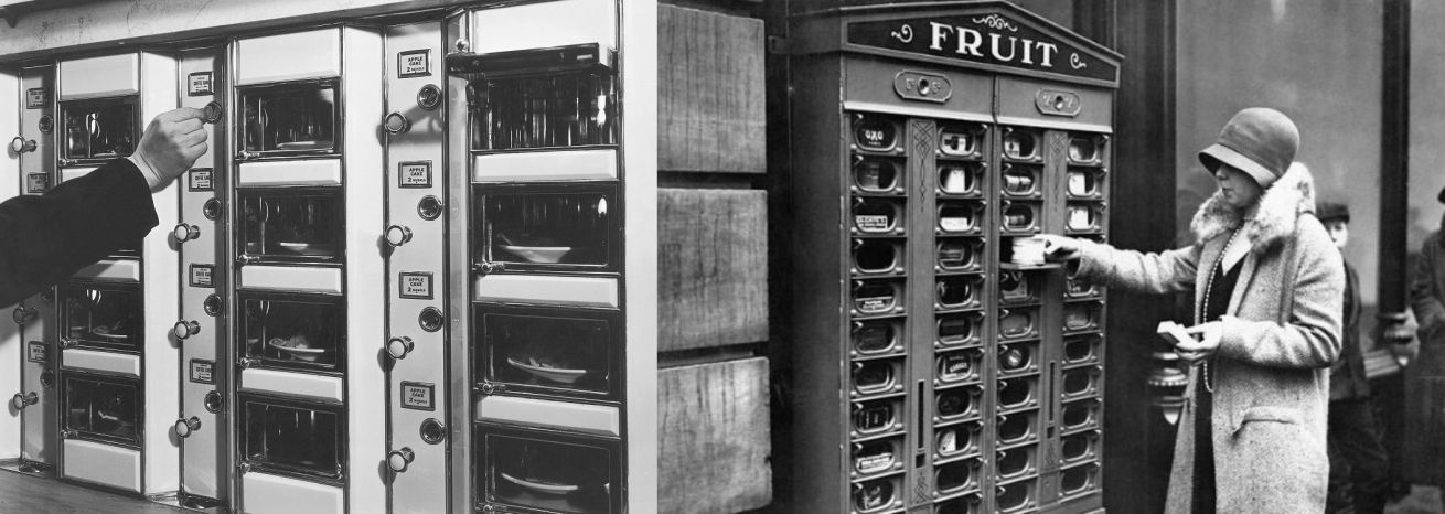Lewa: Automat vendingowy w kafeterii, USA, 1940, Prawa: Kobieta korzystająca z maszyny vendingowej 