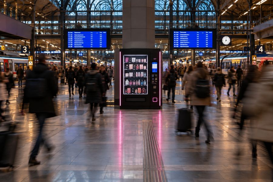 Automat vendingowy w zatłoczonej stacji kolejowej